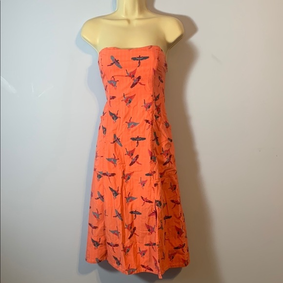 Free People Dresses & Skirts - Free people coral pin stripe Orange Parrots bird Print Strapless Dress pockets 6